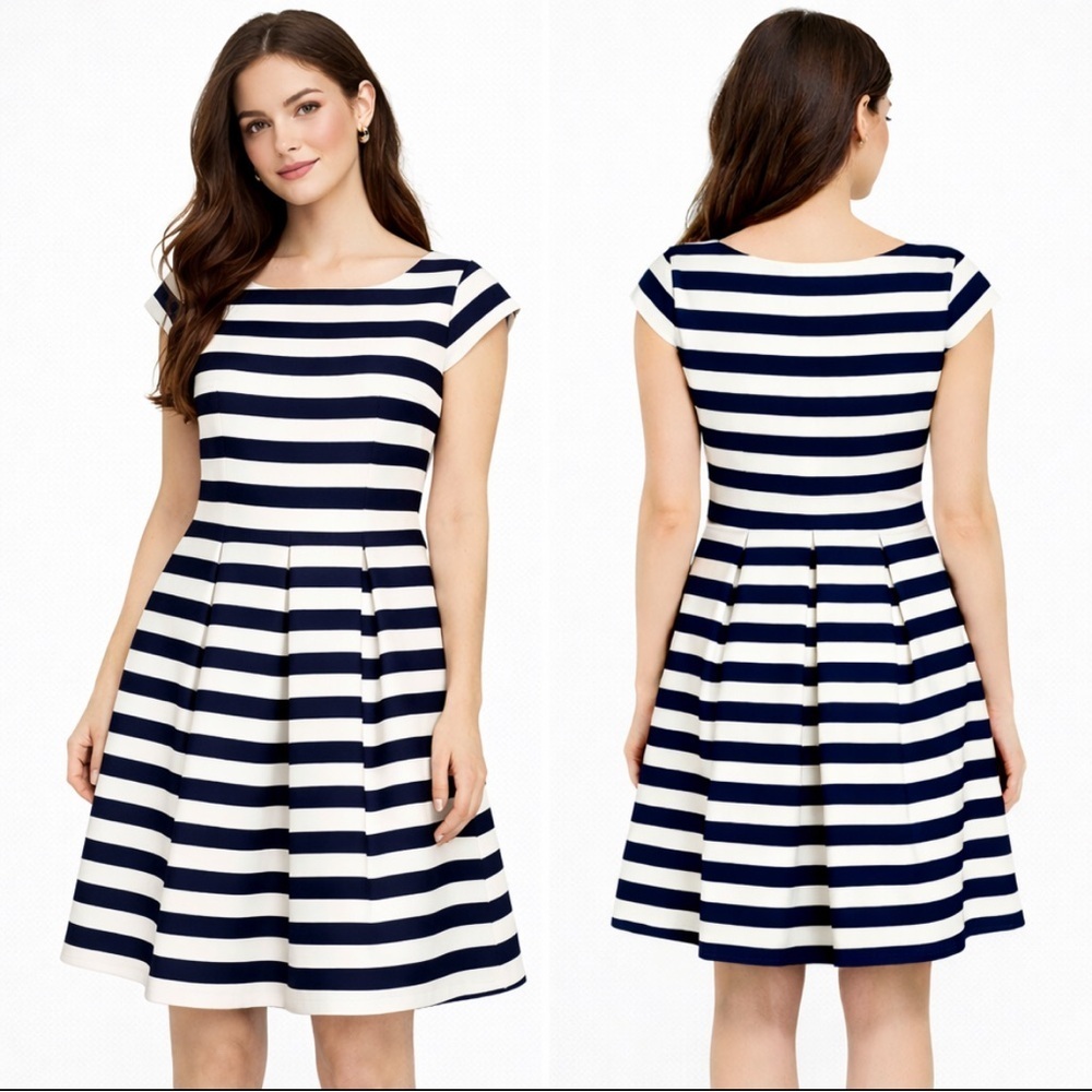 Kate Spade Mariela Dress Fit & Flare Cap Sleeves 8 Blue White Stripes Nautical